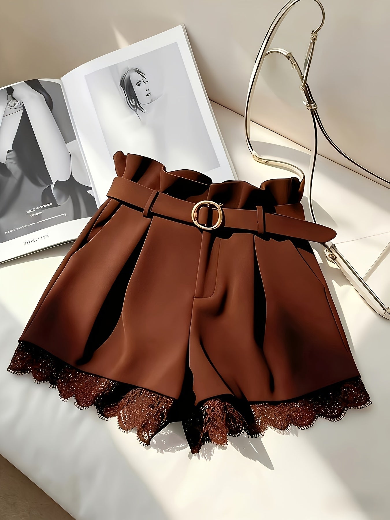 Women's High-Waist Paperbag Shorts with Belt and Lace Trim – Fashionable for Everyday and Special Occasions