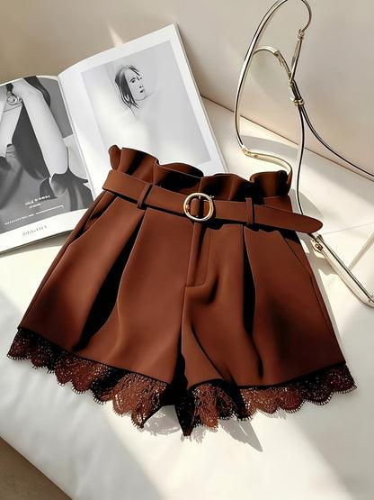 Women's High-Waist Paperbag Shorts with Belt and Lace Trim – Fashionable for Everyday and Special Occasions