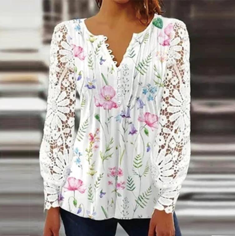 Sandra – Elegant T-shirt with lace sleeves and pleats in solid color