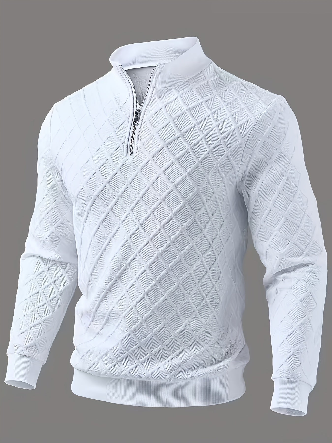 Herren Halb-Reißverschluss Pullover mit Rautenmuster, Weiß