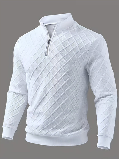 Herren Halb-Reißverschluss Pullover mit Rautenmuster, Weiß
