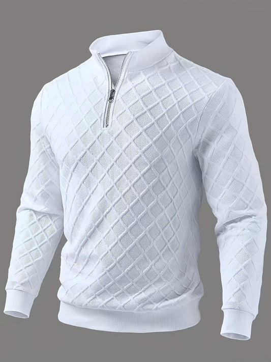 Herren Halb-Reißverschluss Pullover mit Rautenmuster, Weiß