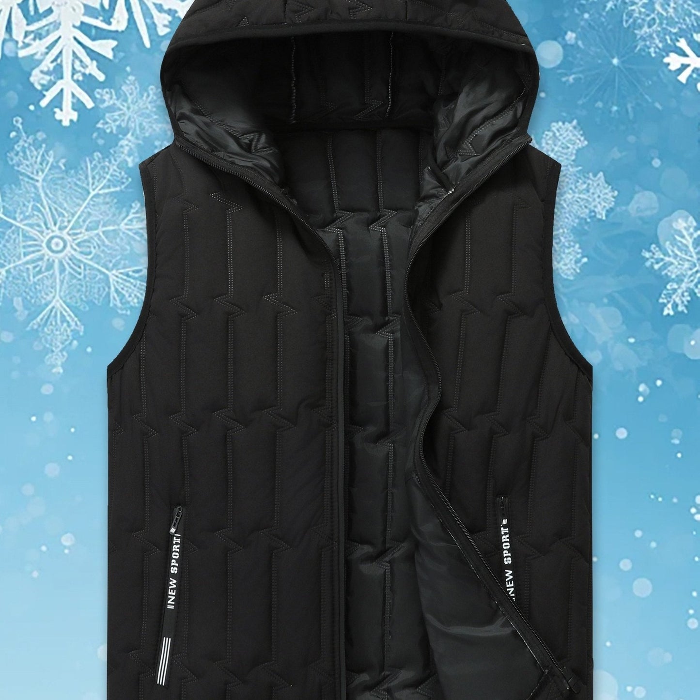 Men's black quilted vest with hood, sleeveless jacket