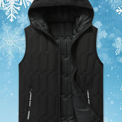 Men's black quilted vest with hood, sleeveless jacket