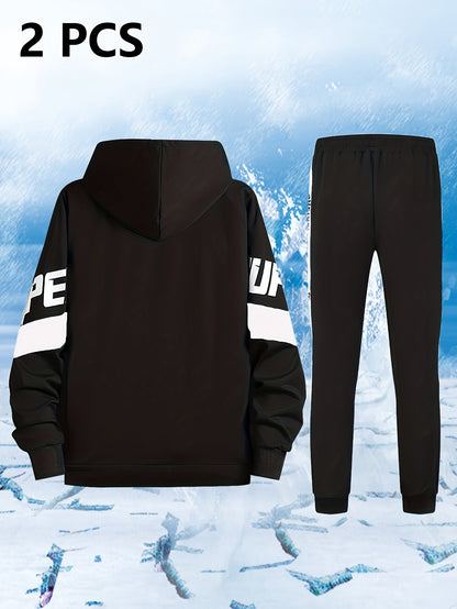 Men's sports tracksuit with a zip-up hooded jacket and striped joggers