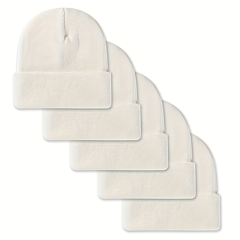 Unisex beanie knit hat with rolled brim, 5-pack in assorted colors