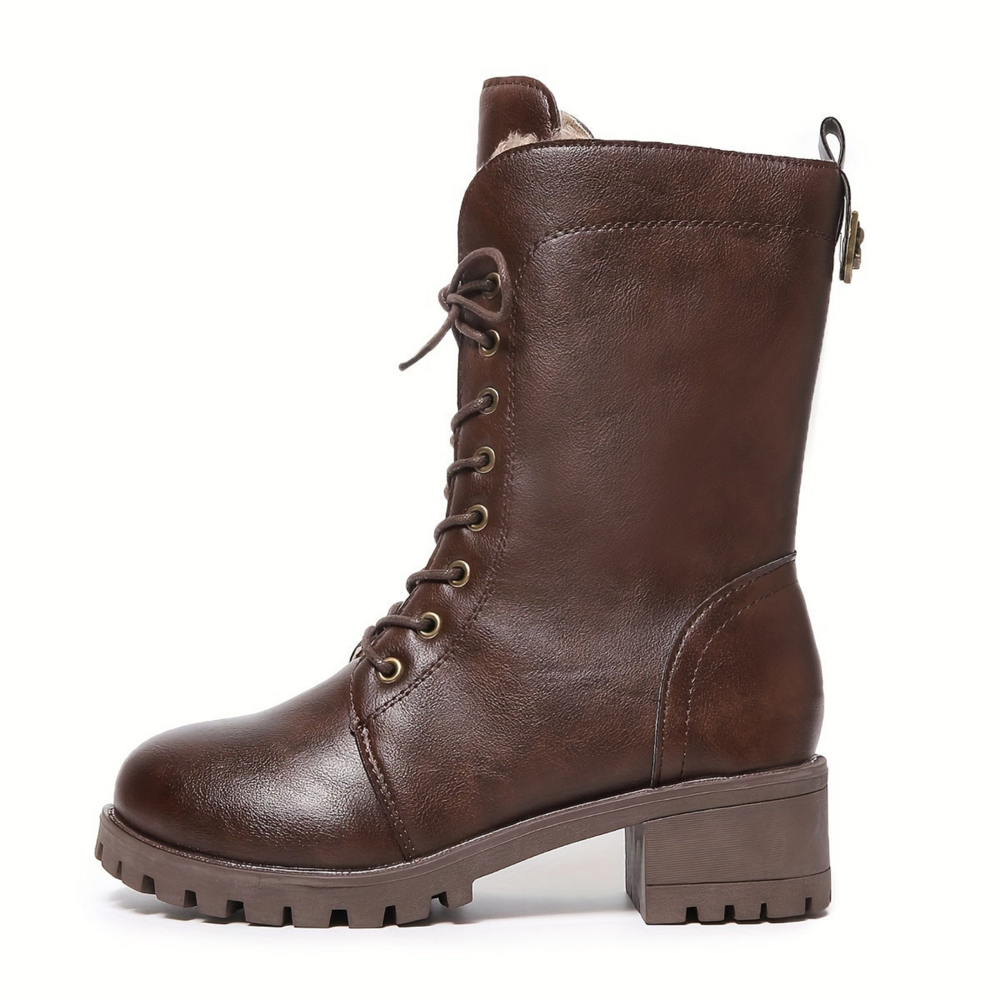 Women's brown lace-up boots with lining and lug soles
