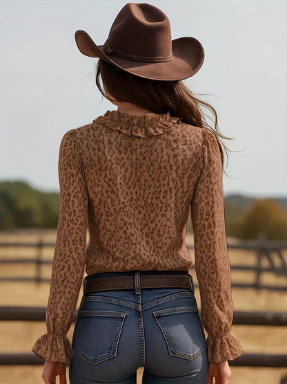 Women's blouse with leopard print and ruffled collar – elegant V-neck, perfect for casual wear and special occasions