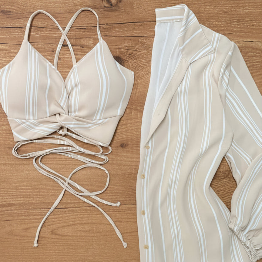 Women's Set – Fashionable Striped Crop Top with Wrap Detail, Shirt, and Denim Skirt – Perfect for Summer & Leisure