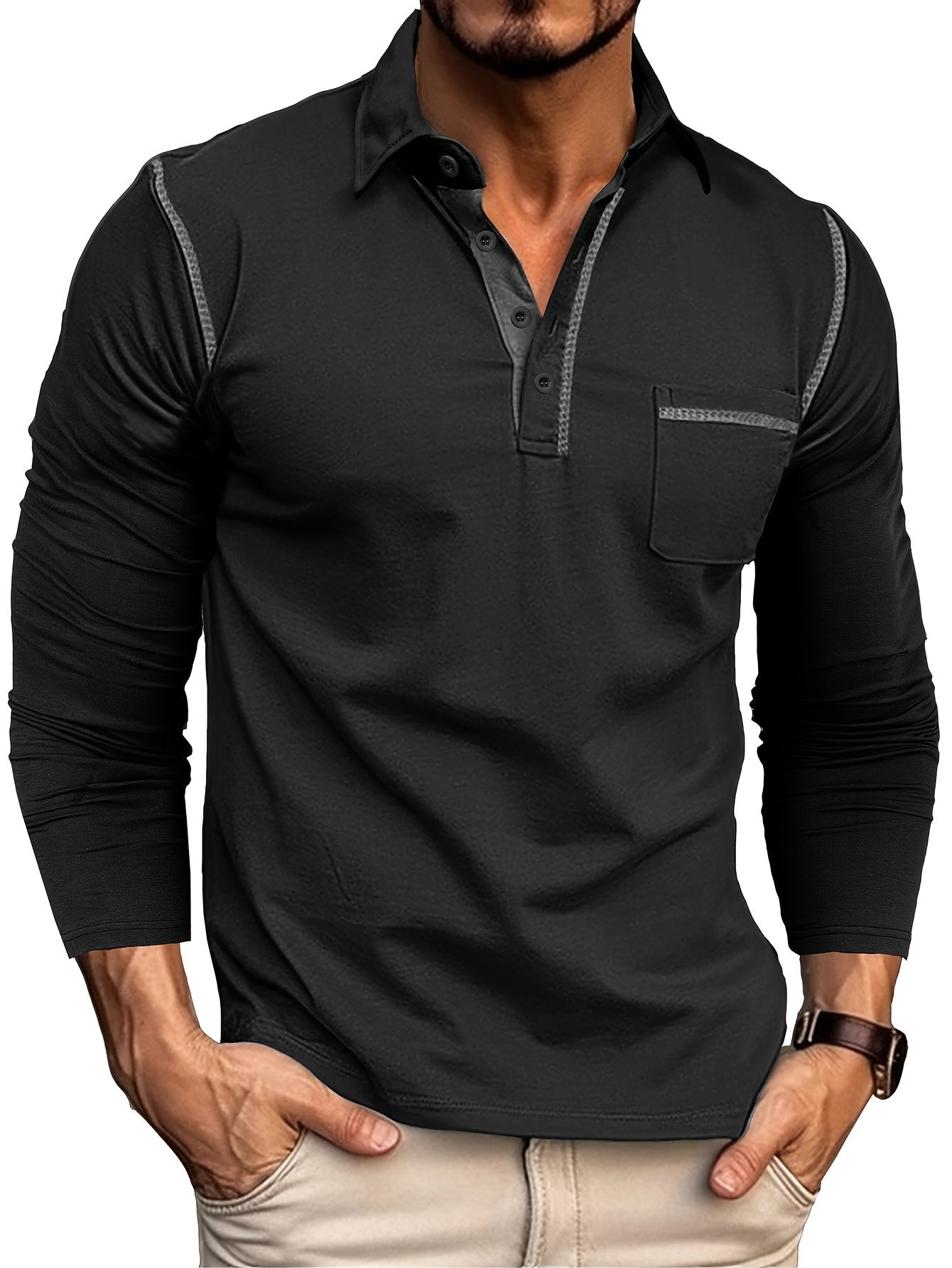 Men's long-sleeve polo shirt with chest pocket and contrast stitching