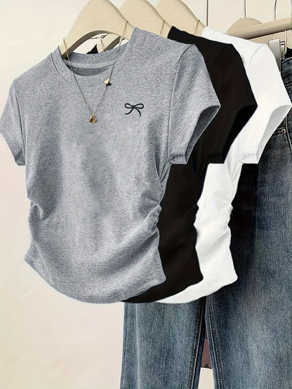 Women's Basic T-Shirt with Bow Embroidery and Ruching – Everyday & Casual