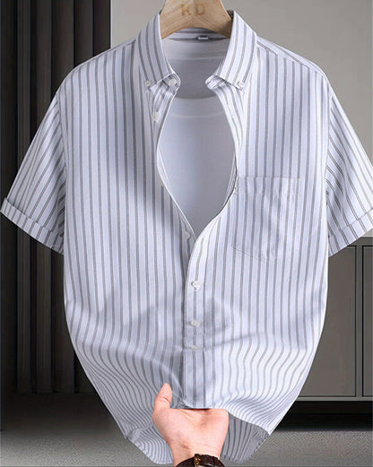 Men's Short-Sleeve Shirt with Stripe Pattern – Modern Business and Casual Shirt, Regular Fit, Stylish for Everyday and Office Wear