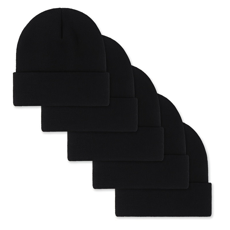 Unisex beanie knit hat with rolled brim, 5-pack in assorted colors