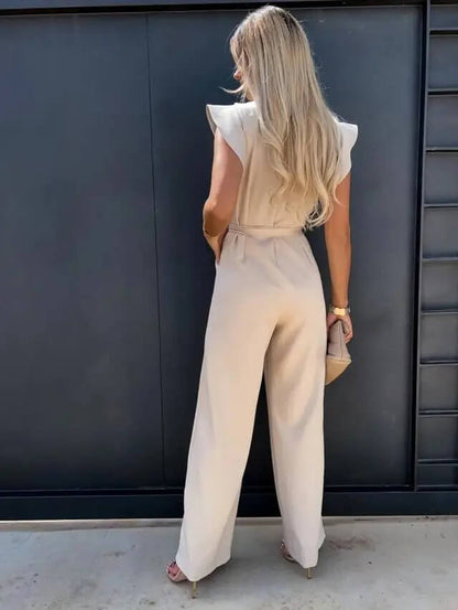 Damen Jumpsuit Elegant mit Volantärmeln und Taillengürtel – Modischer Einteiler für Büro, Freizeit & Ausgehen
