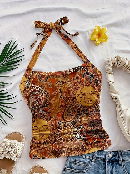Damen Vintage Halterneck Top mit Boho-Sonnen- und Mondprint – Perfekt für Sommer & Festival