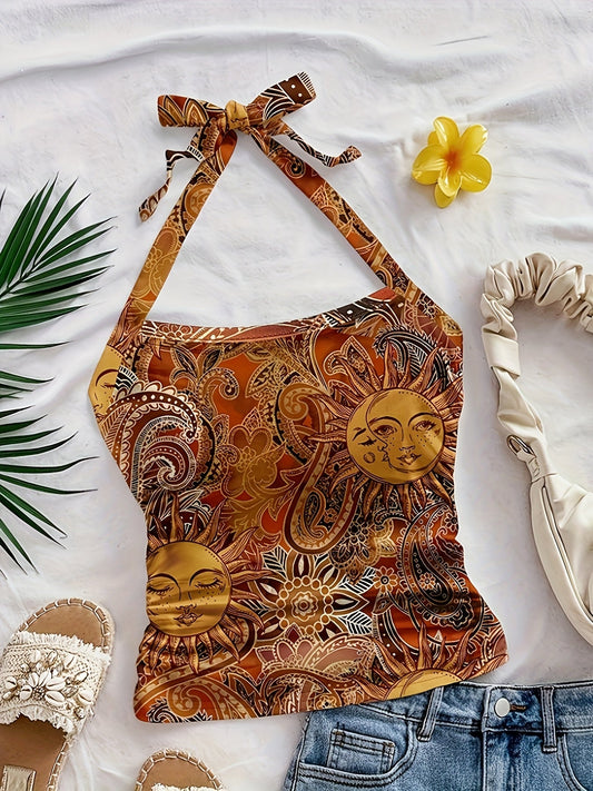 Women's Vintage Halterneck Top with Boho Sun and Moon Print – Perfect for Summer & Festivals