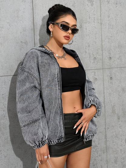 Women's denim jacket with hood and zipper, washed look, gray