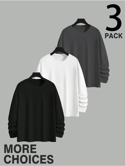 Herren Langarmshirt Rundhals 3er-Pack in Schwarz, Grau und Weiß