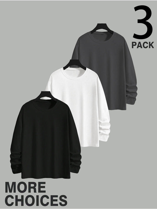 Men's long-sleeve crew-neck shirt 3-pack in black, gray, and white