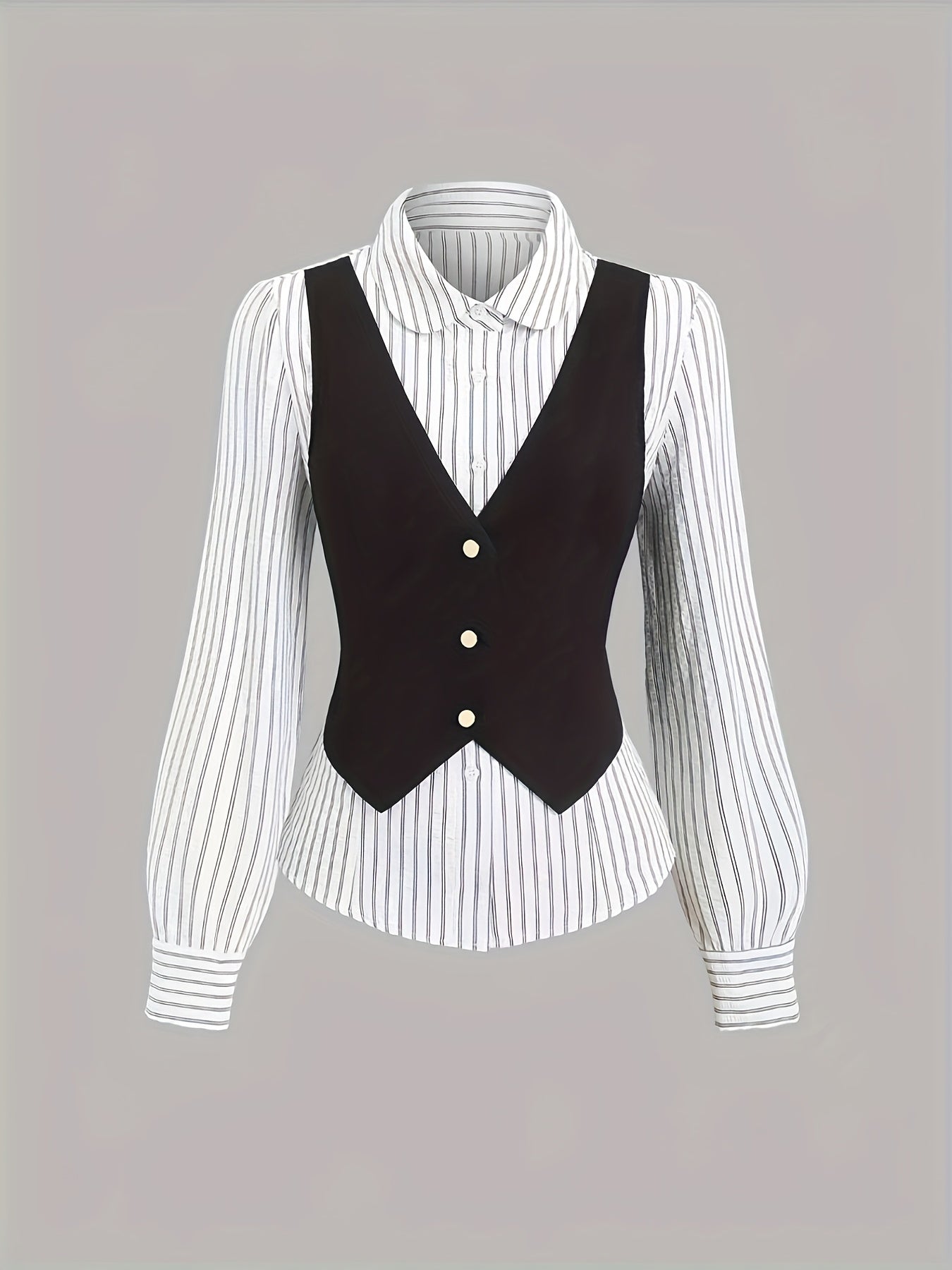 Women's striped black-and-white blouse and vest set