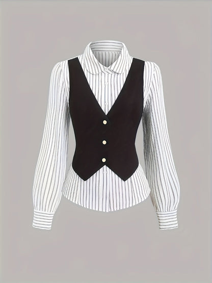 Women's striped black-and-white blouse and vest set