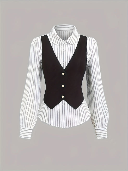 Women's striped black-and-white blouse and vest set