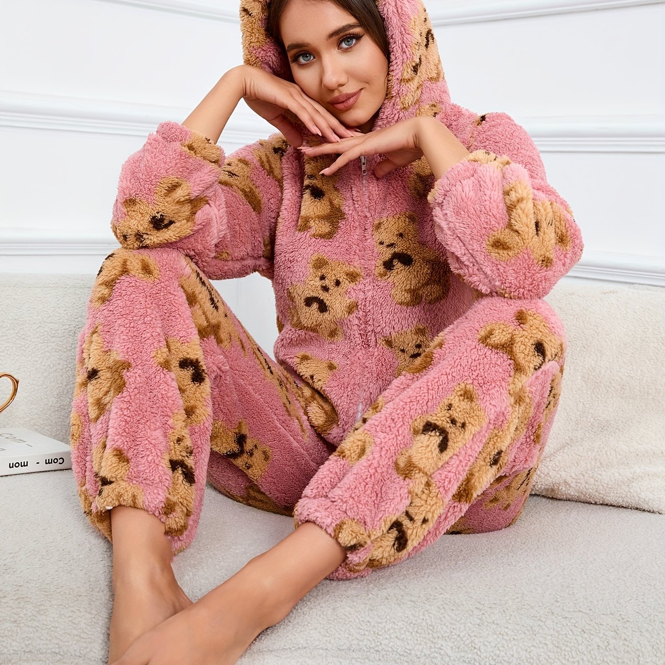 Women's fluffy sleep jumpsuit with zipper, hood, and bear pattern