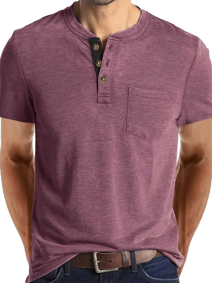 Herren Henley T-Shirt Kurzarm Casual Freizeitshirt mit Knopfleiste und Brusttasche