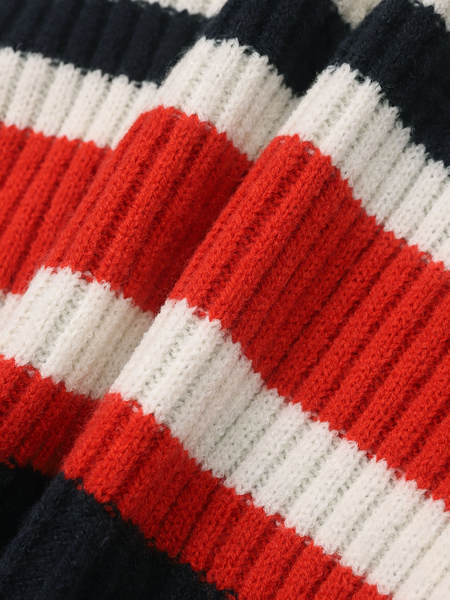 Damen Rollkragen Strickkleid mit Streifenmuster Langarm Figurbetont Dunkelblau Rot Weiß