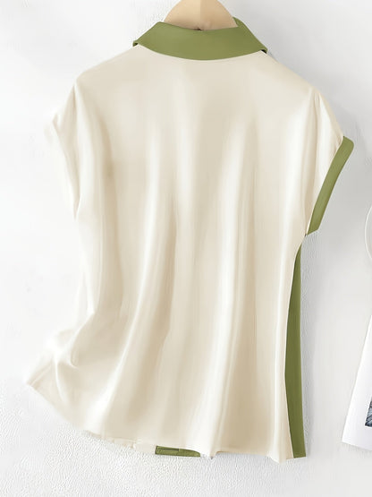 Women's Elegant Colorblock Blouse with Flutter Sleeves and Button Placket – Summer Business Casual