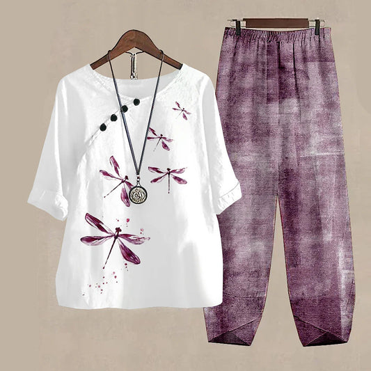 Women's casual set in Japanese style with dragonfly print – two-piece, comfortable for everyday & travel