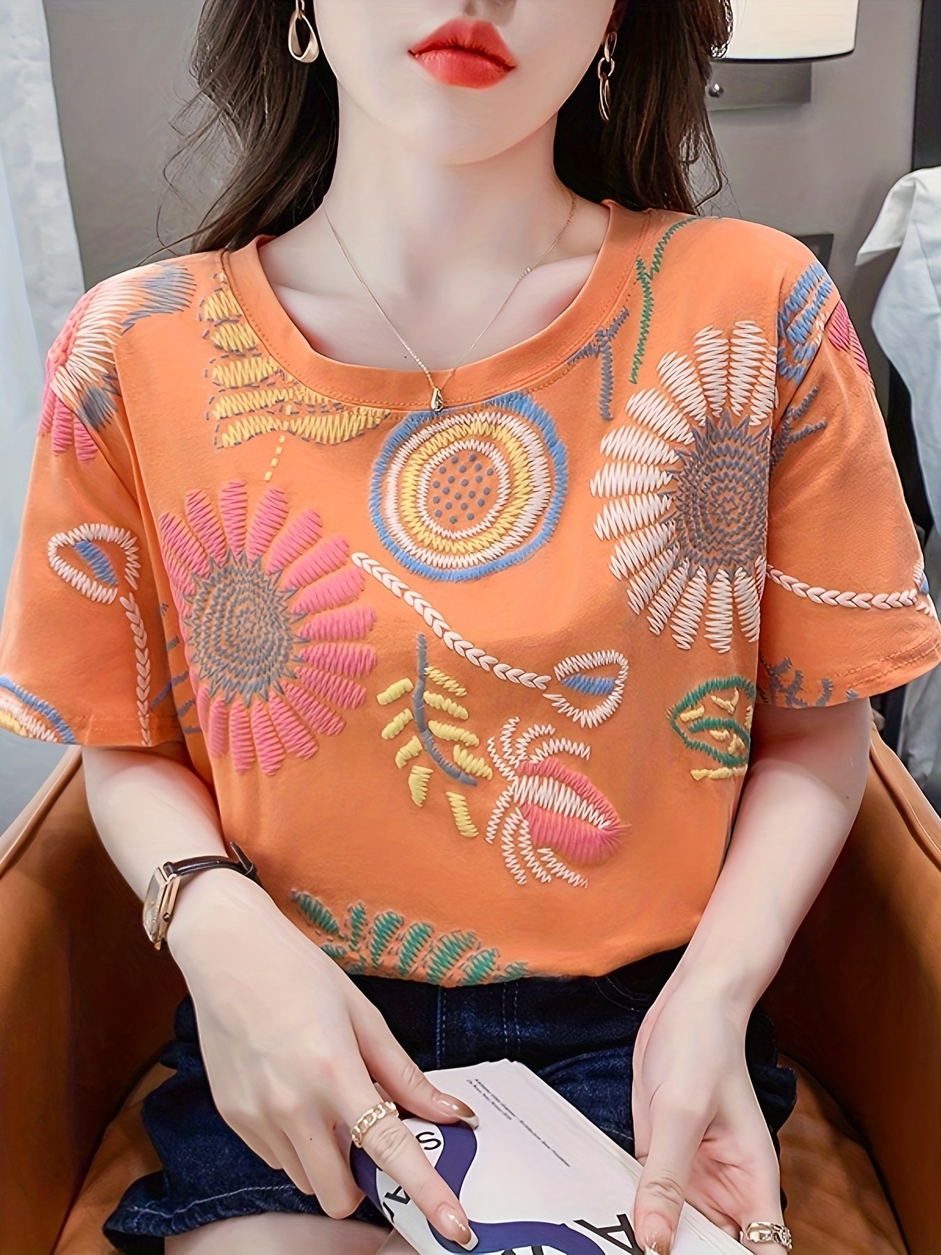 Women's Boho-Style Embroidered T-Shirt – Short Sleeve, Summer, Casual, Fashionable