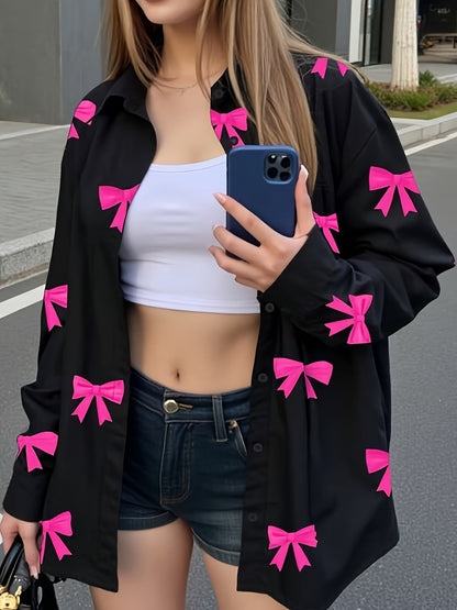 Damen Bluse Schwarz mit Pinken Schleifen-Muster Hemdbluse Locker Geschnitten