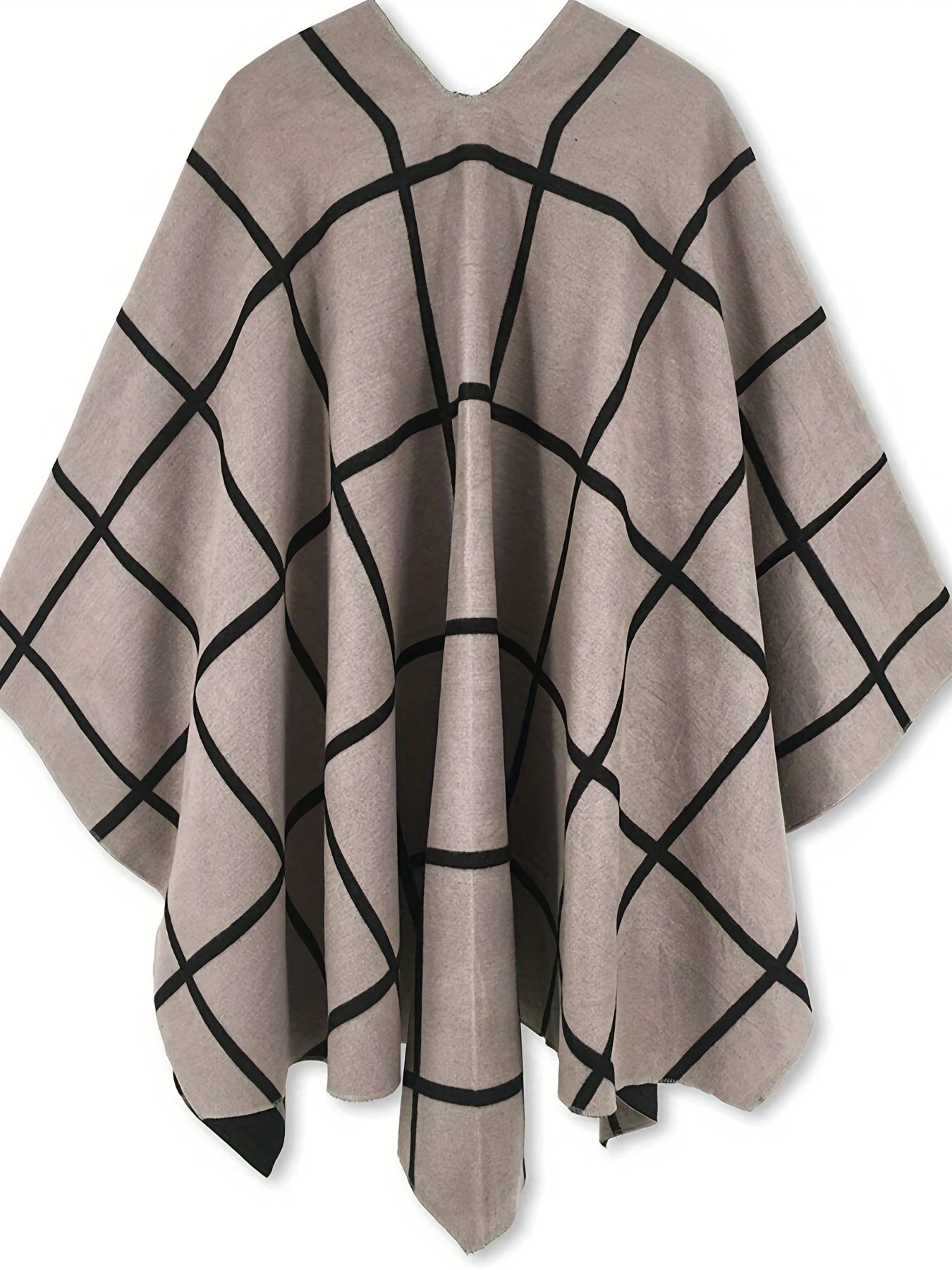Damen Poncho Kariert Beige Schwarz mit Bindedetail