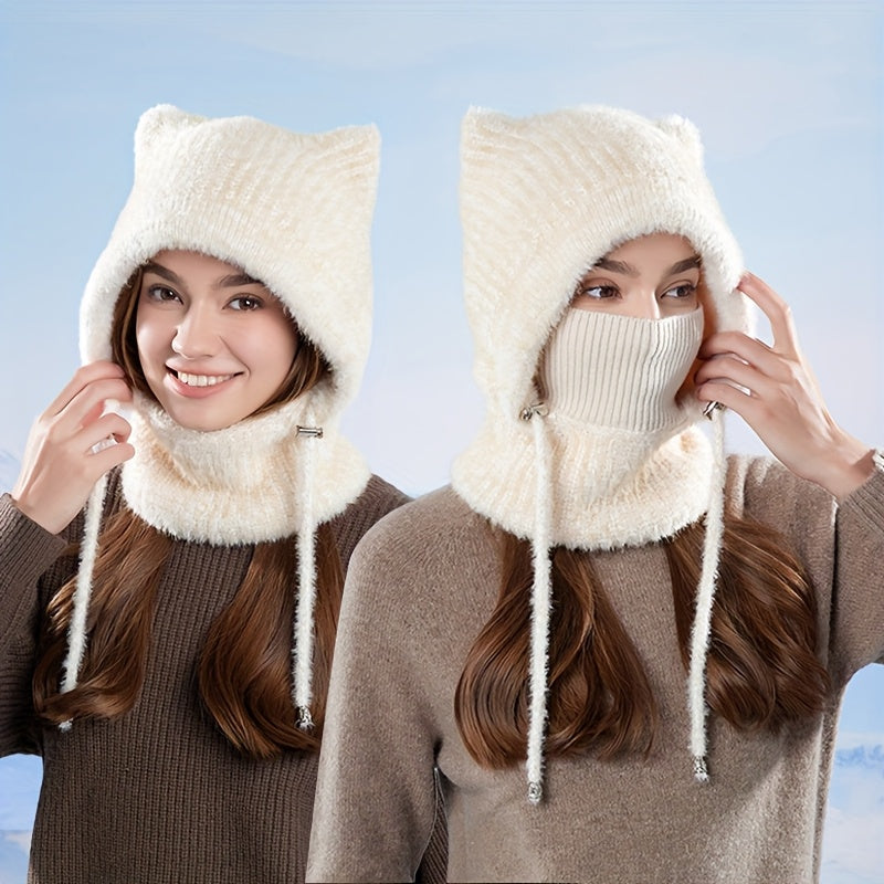 Gestrickte Balaclava-Mütze mit Ohren und integriertem Schal in Rippstrick