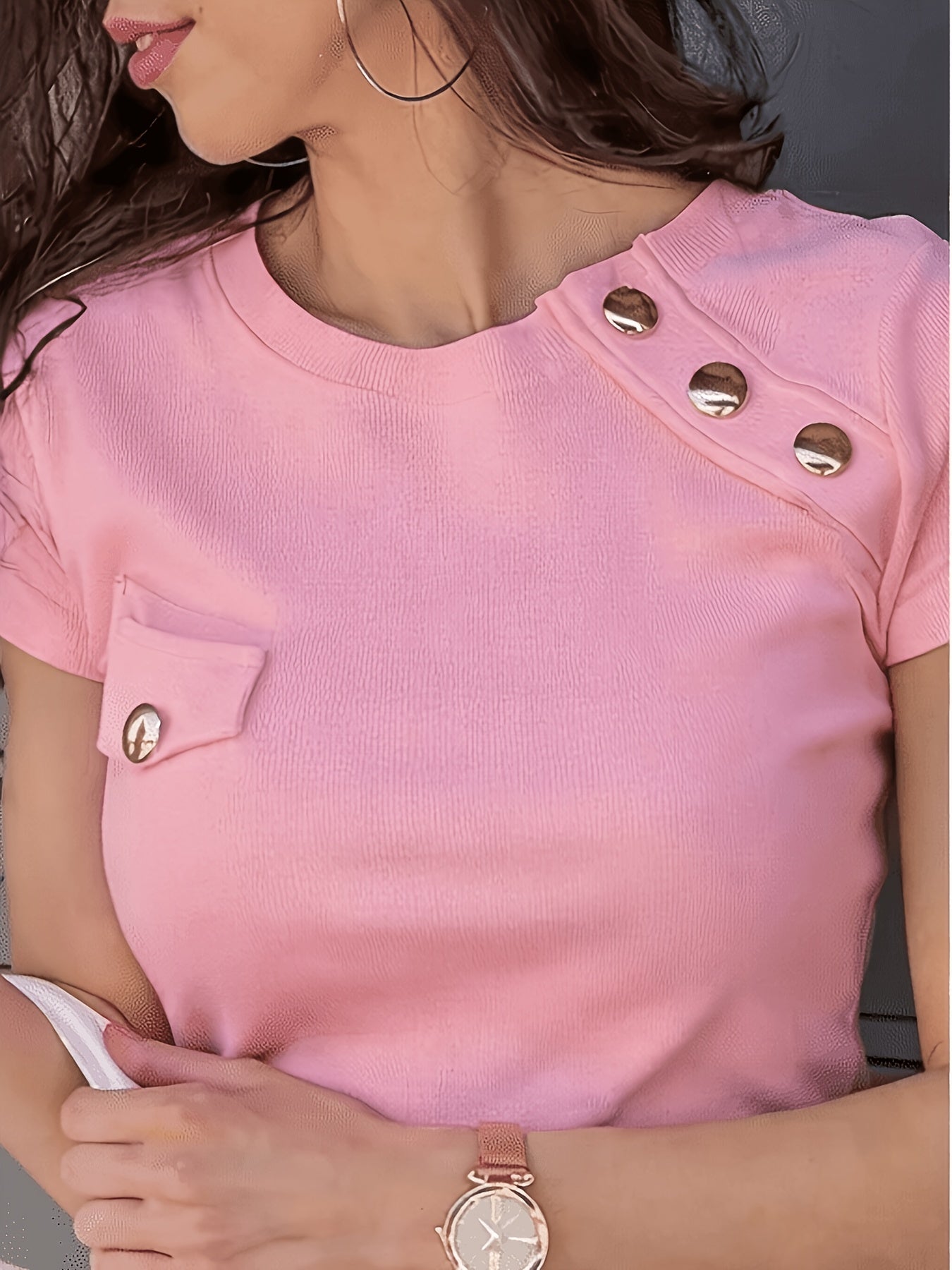 Women's short-sleeve shirt with decorative buttons and modern cut – Elegant casual and office top