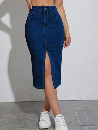 Women's High Waist Denim Skirt with Slit – Fashionable Casual Style for Everyday & Leisure