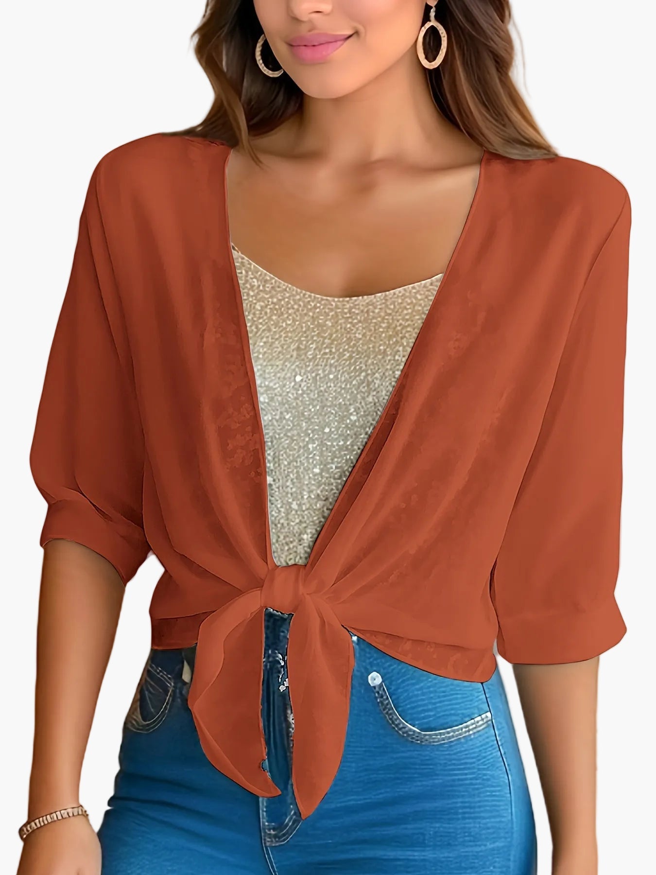 Women's Crop Blouse with Knot Detail and Half Sleeves – Fashionable for Everyday and Leisure