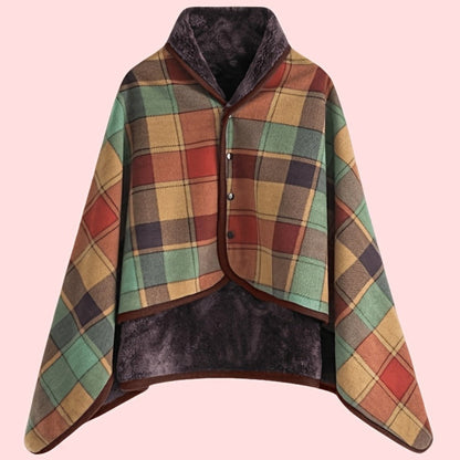 Women's Plaid Snap Button Fleece-Lined Poncho Cape