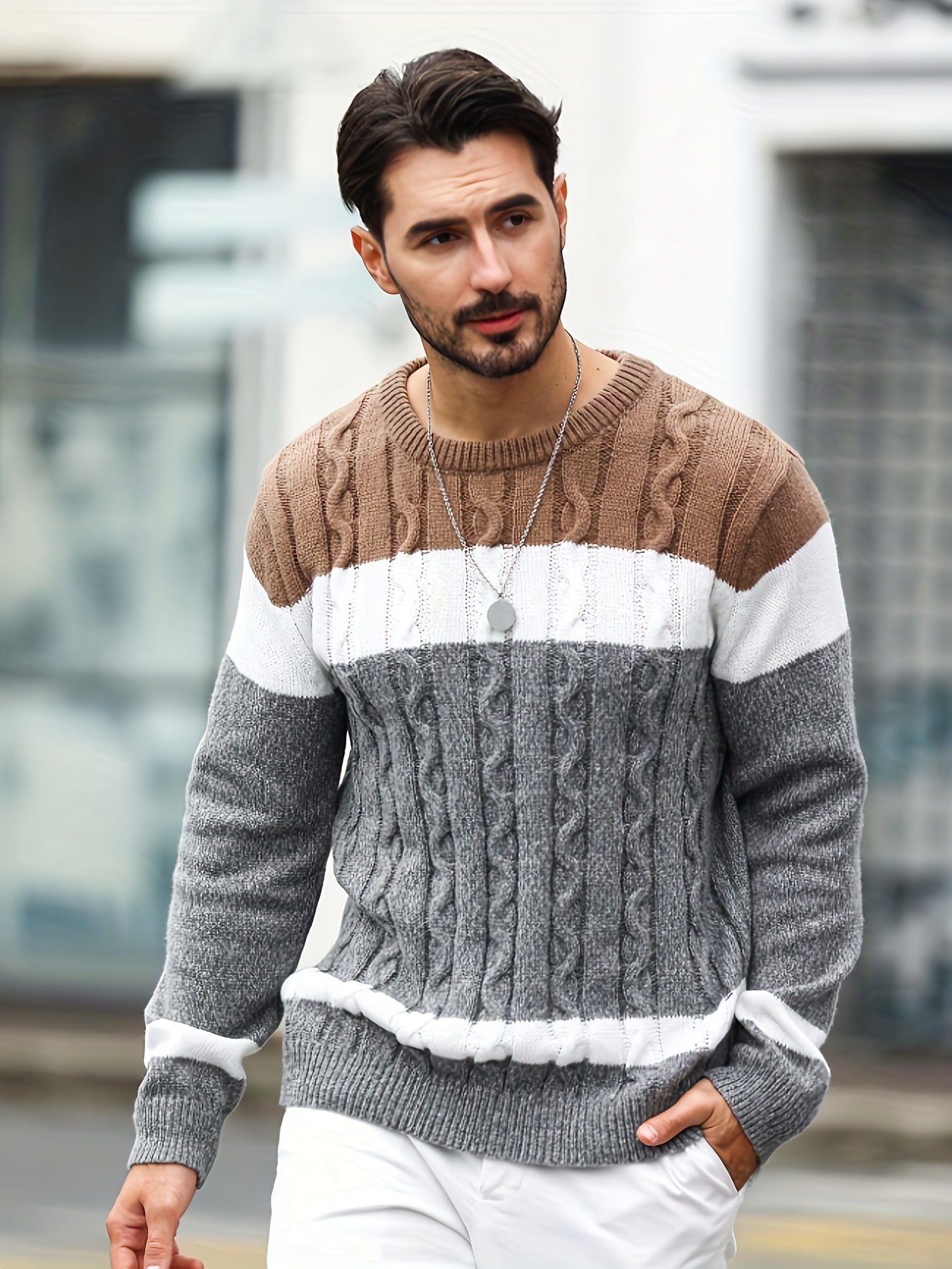 Men's knitted sweater, crew neck, cable-knit pattern, multicolored striped