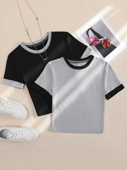 Women's T-Shirt Set in Colorblock Design, Short Sleeve, Modern & Casual – Perfect for Everyday and Leisure