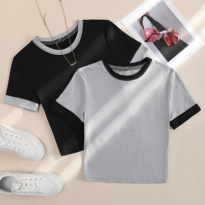 Women's T-Shirt Set in Colorblock Design, Short Sleeve, Modern & Casual – Perfect for Everyday and Leisure