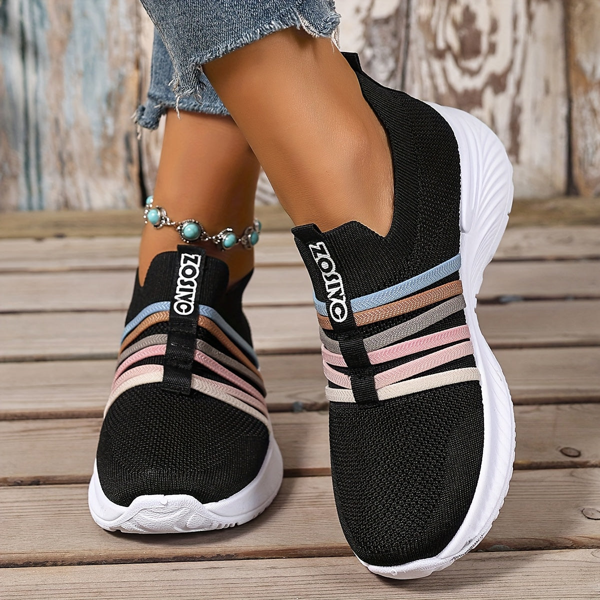 Damen Slip-On Freizeitschuhe mit Streifenmuster – Bequeme Alltags-Sneaker für Freizeit und Alltag
