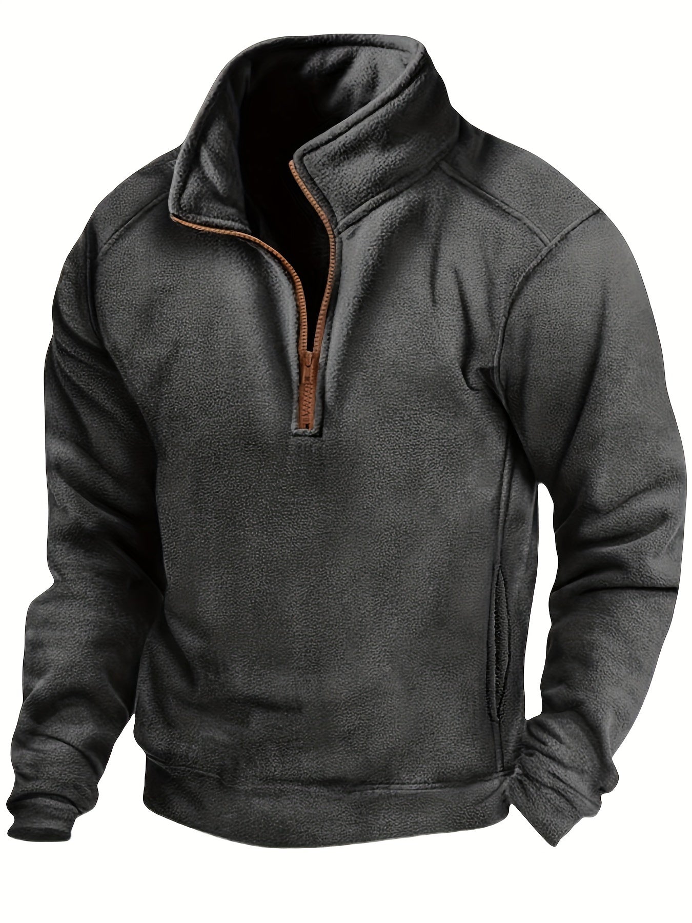 Men's Fleece Pullover with Stand Collar and Zipper, Warm Fleece Top
