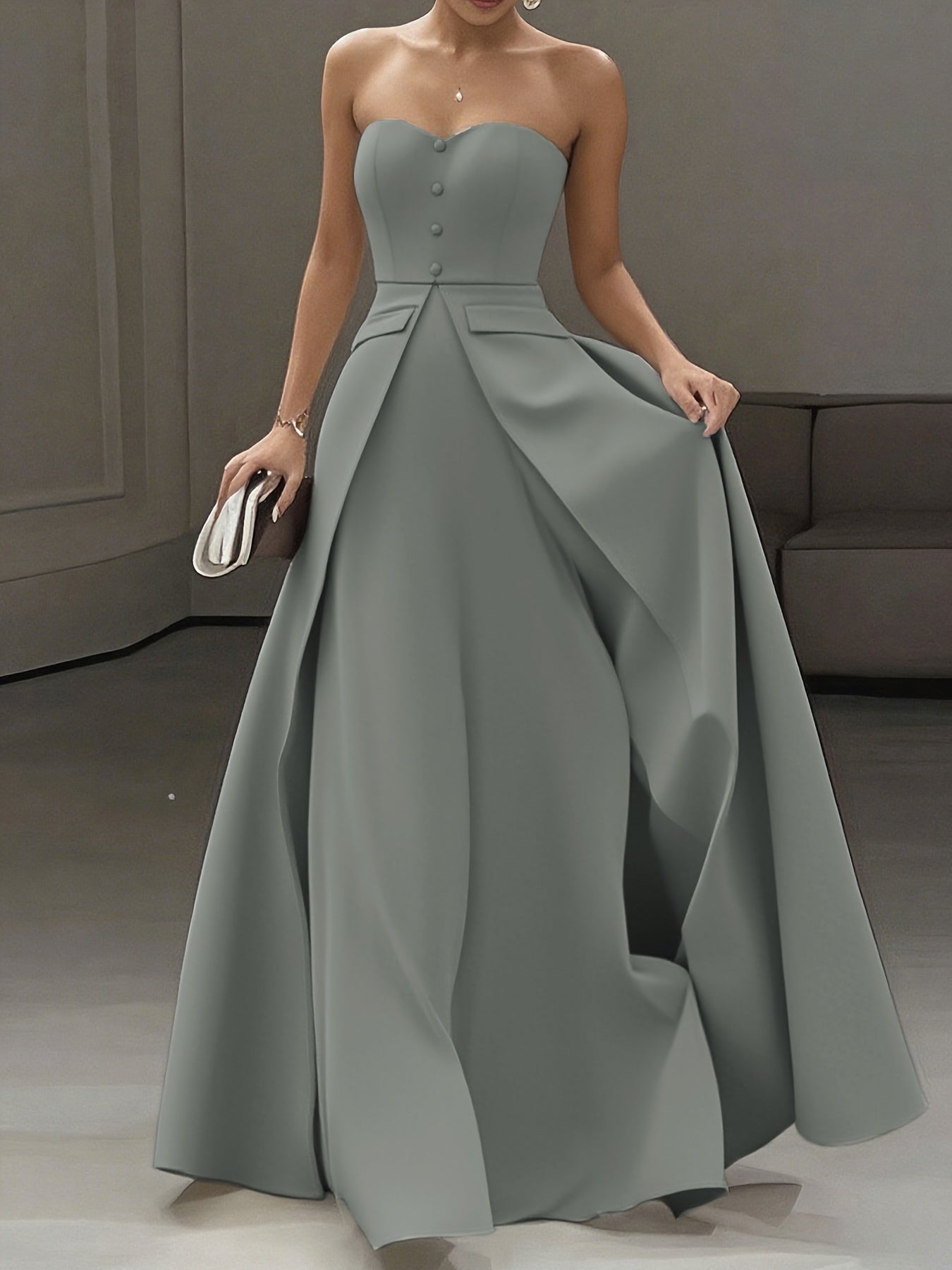 Women's Elegant Evening Dress with Bandeau Top and Button Placket – Perfect for Festive Occasions