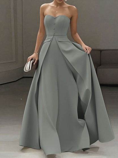 Women's Elegant Evening Dress with Bandeau Top and Button Placket – Perfect for Festive Occasions