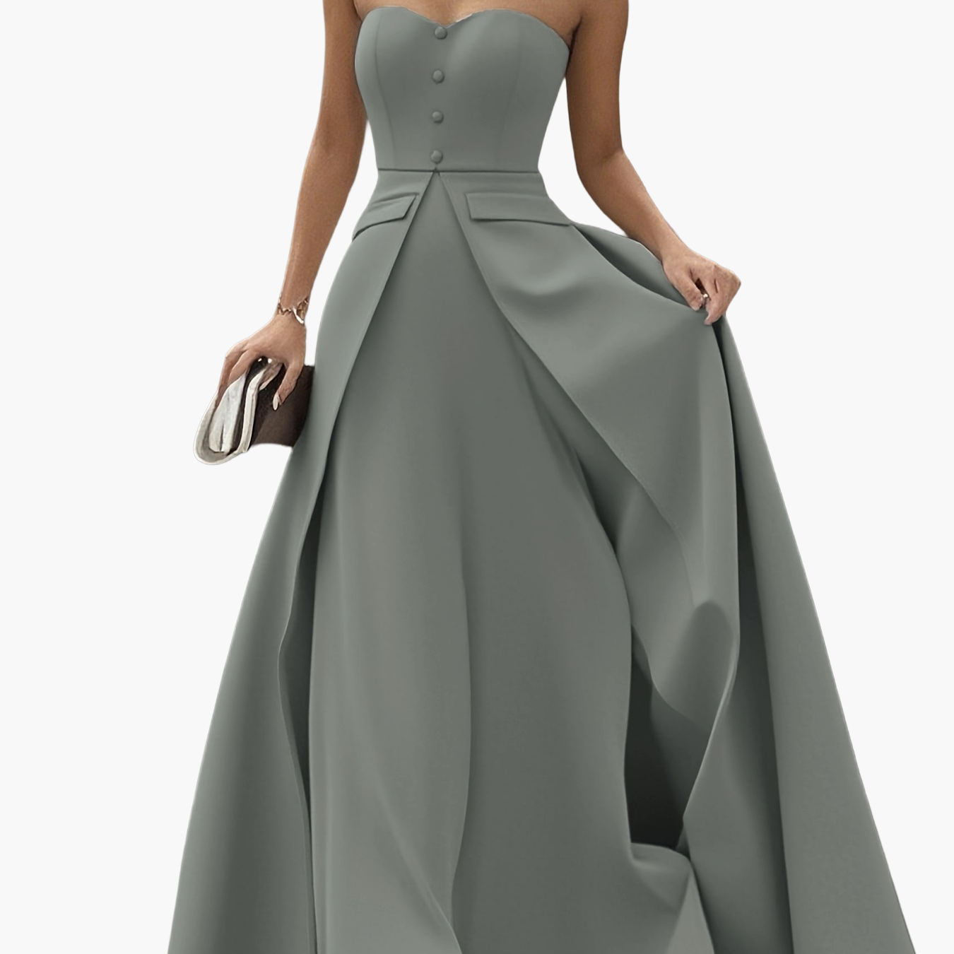 Women's Elegant Evening Dress with Bandeau Top and Button Placket – Perfect for Festive Occasions