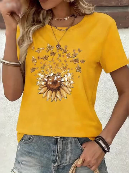 Women's T-shirt with Sunflower and Butterfly Print, Casual Style, Spring/Summer