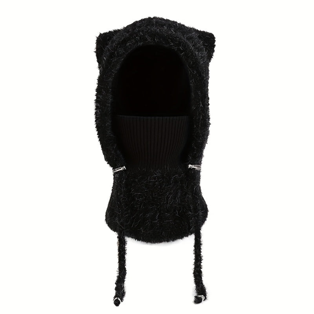 Gestrickte Balaclava-Mütze mit Ohren und integriertem Schal in Rippstrick