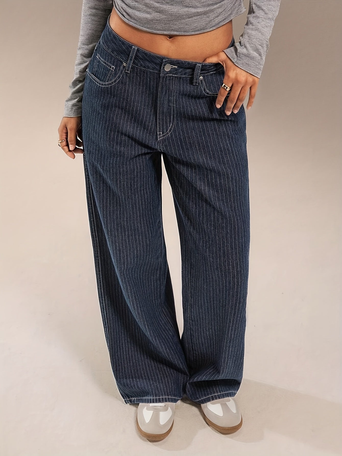 Women's wide-leg striped dark blue jeans